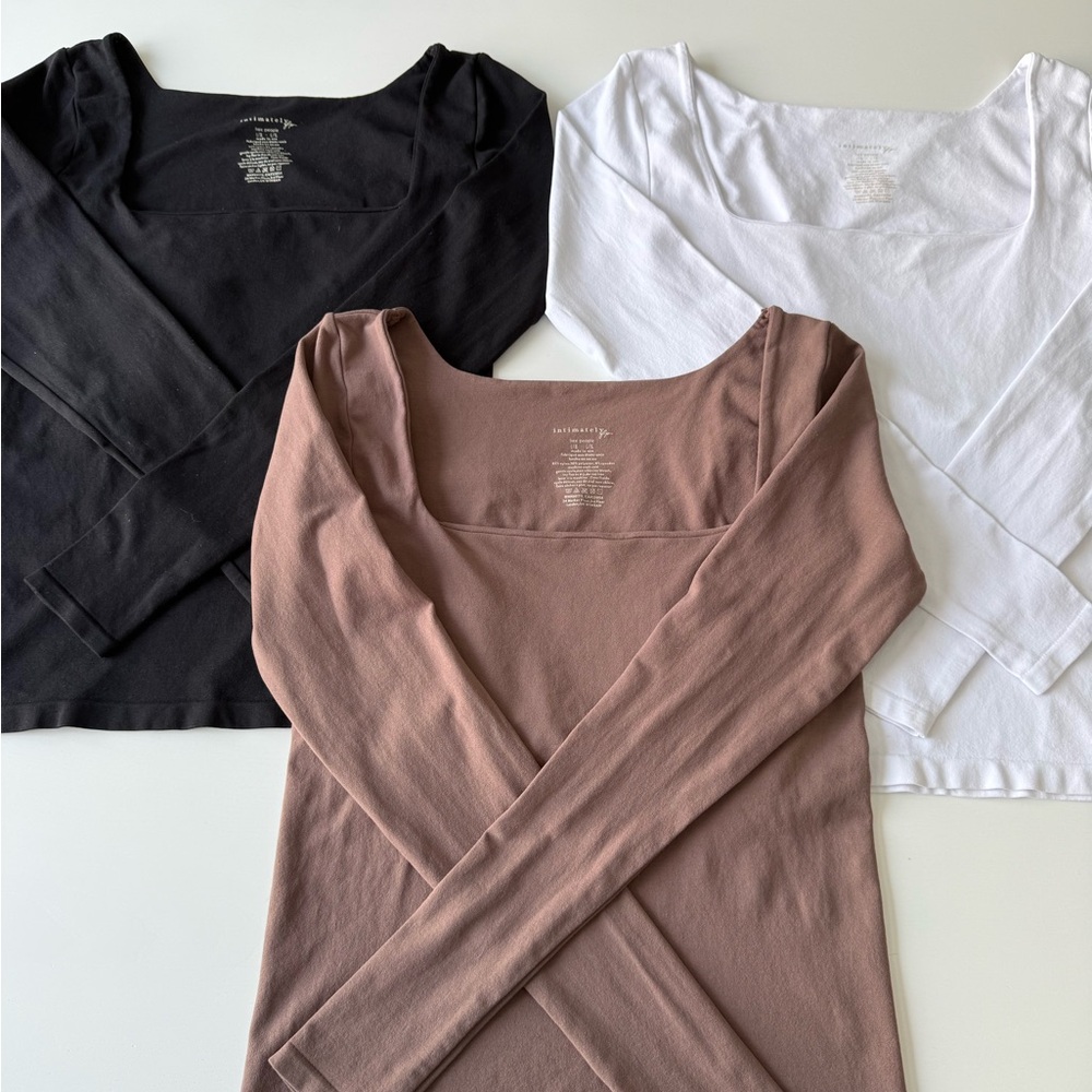 Free People Intimate Long Sleeve Square Neck Tops - Black, White, and Tan Bundle